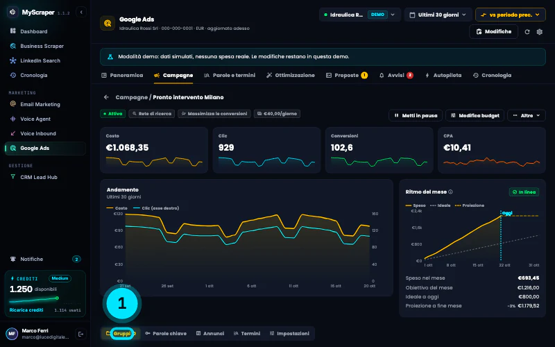 Il dettaglio di una campagna dell'account demo con le schede Gruppi, Parole chiave, Annunci, Termini e Impostazioni, sulla scheda Gruppi.