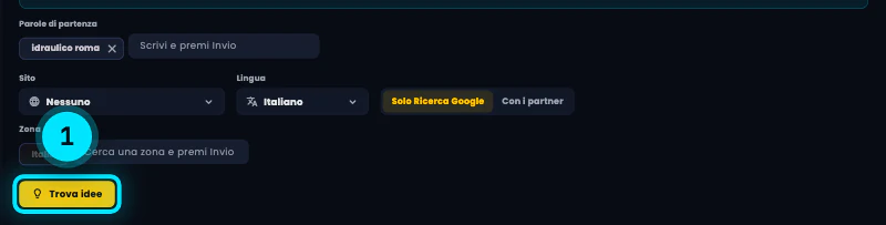 I campi del pannello Idee: Parole di partenza con «idraulico roma», Sito, Zona, Lingua, la rete Solo Ricerca Google o Con i partner e il pulsante Trova idee.