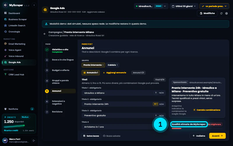 Il passo 5 di 7 «Annunci»: titoli e descrizioni dell'annuncio del gruppo Pronto intervento, l'anteprima e la Qualità stimata da MyScraper.