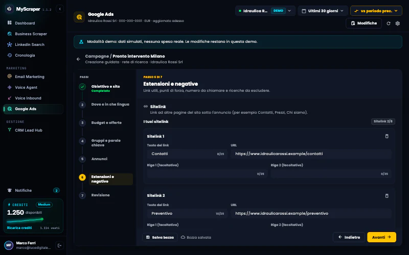 Il passo 6 di 7 «Estensioni e negative»: i sitelink Contatti e Preventivo, i callout Preventivo gratuito e Intervento in 1 ora, il numero di telefono facoltativo e le parole chiave negative.
