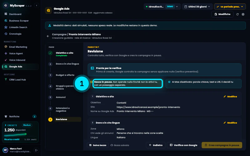 Il passo 7 di 7 «Revisione»: il riepilogo della campagna (obiettivo, sito, zone, lingue, reti, budget e strategia) e il riquadro della verifica con Google prima di creare la campagna in pausa.