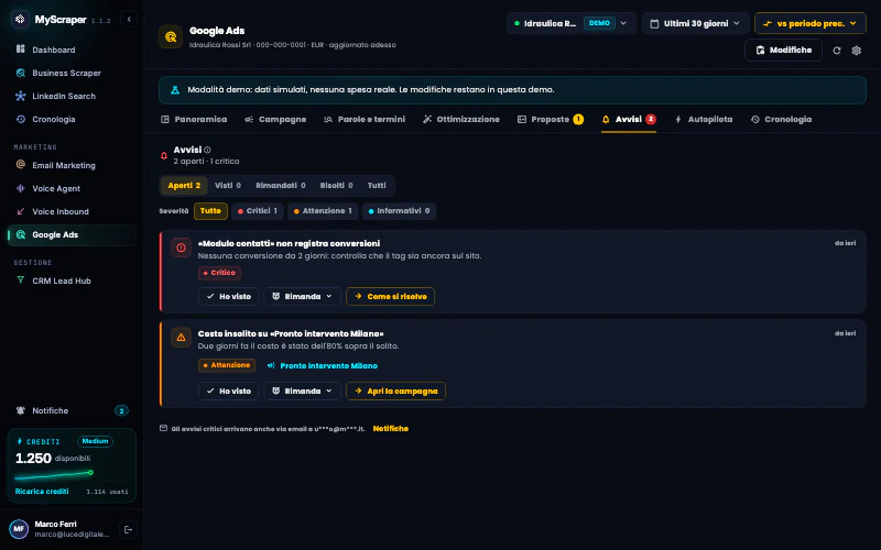 La scheda Avvisi dell'account demo con gli avvisi aperti, il più grave in cima.