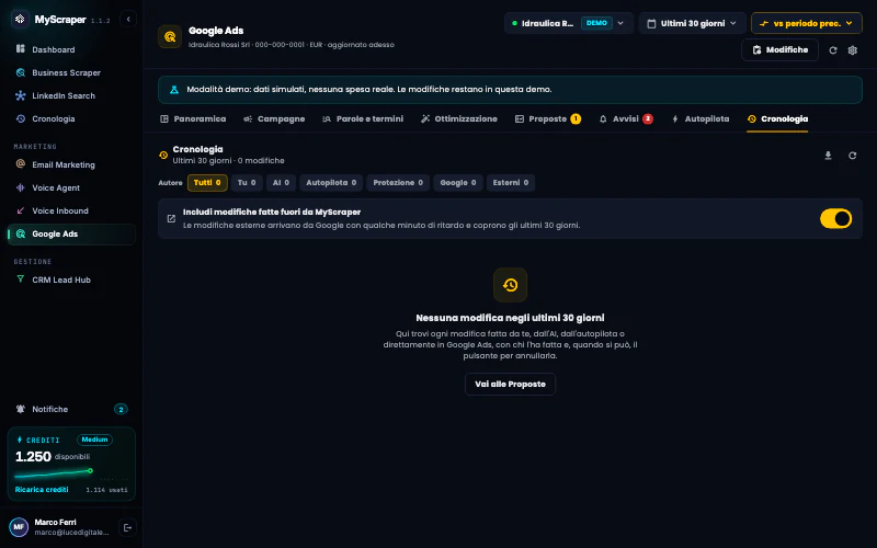La Cronologia dell'account demo, ancora senza modifiche negli ultimi 30 giorni: qui compaiono le modifiche fatte da MyScraper, dall'AI, dall'autopilota e direttamente in Google Ads, con chi le ha fatte.