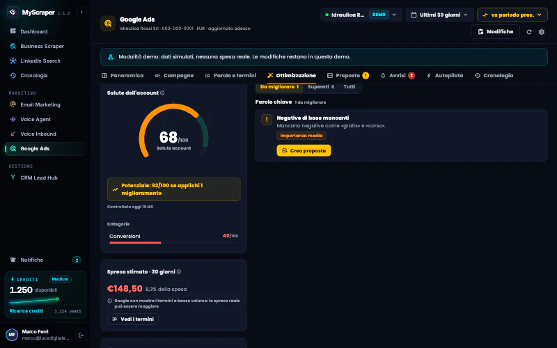 L'elenco dei controlli della scheda Ottimizzazione: per categoria (conversioni, budget e offerte, parole chiave, termini e negative, annunci, impostazioni) i controlli da migliorare, con Crea proposta o Come si fa.