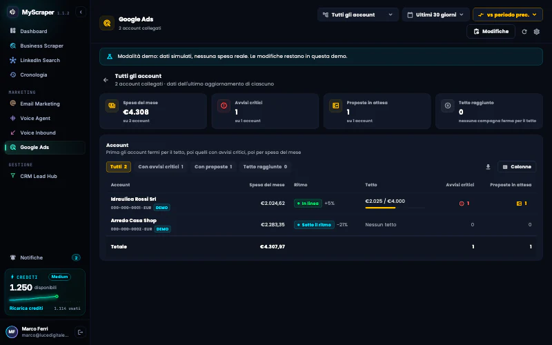La vista Tutti gli account: i due account demo collegati con spesa del mese, ritmo, tetto, salute, avvisi critici e proposte in attesa.