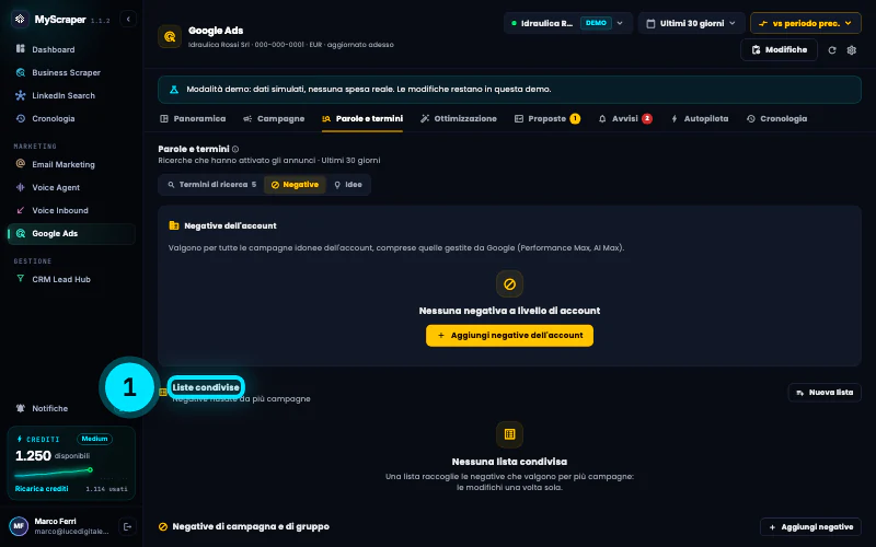 La sezione Negative di Parole e termini: le liste condivise, le negative di campagna e di gruppo, i conflitti con le parole chiave attive e le keyword duplicate.