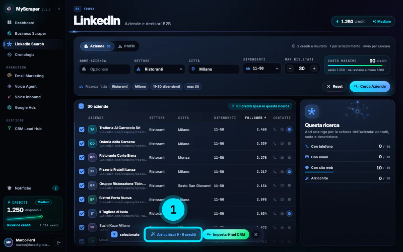 Nove aziende selezionate nella tabella e la barra di selezione con i pulsanti «Arricchisci 9 · 9 crediti» e «Importa 9 nel CRM».