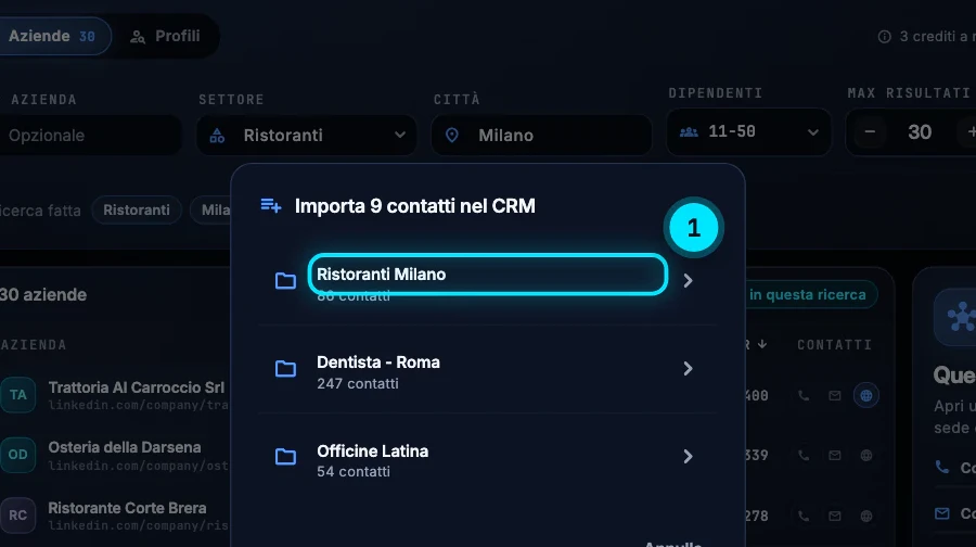 La finestra «Importa 9 contatti nel CRM» con l'elenco delle liste: Ristoranti Milano con 86 contatti, Dentista - Roma e Officine Latina.