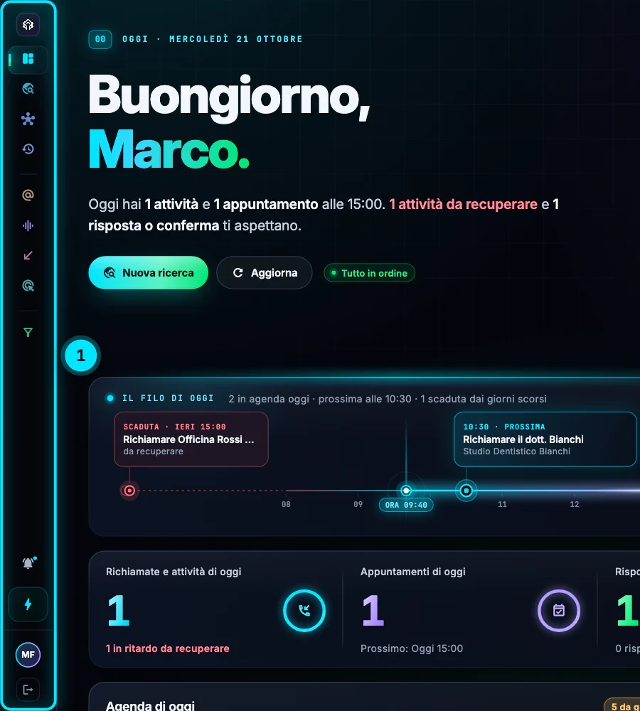La Dashboard con la barra laterale compressa: a sinistra restano solo le icone delle sezioni, il pulsante per espanderla e il badge delle notifiche.