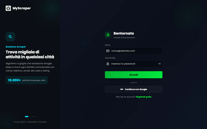 Schermata di accesso dell'app MyScraper per Mac: campi Email e Password, pulsante Accedi, «Continua con Google» e il link «Registrati gratis».