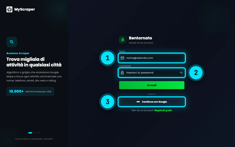 Schermata di accesso dell'app MyScraper per Mac: campi Email e Password, pulsante Accedi, «Continua con Google» e il link «Registrati gratis».