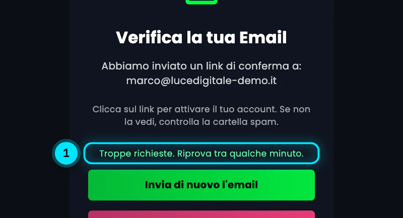 Dettaglio della schermata di verifica con il messaggio «Troppe richieste. Riprova tra qualche minuto.»