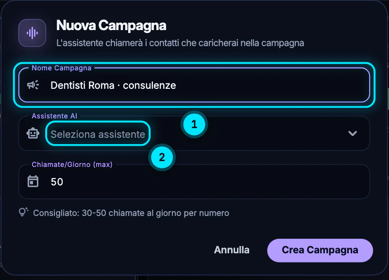 La finestra Nuova Campagna: nome «Dentisti Roma · consulenze», il campo Assistente AI con Seleziona assistente, Chiamate/Giorno (max) a 50, il consiglio «Consigliato: 30-50 chiamate al giorno per numero» e i pulsanti Annulla e Crea Campagna.