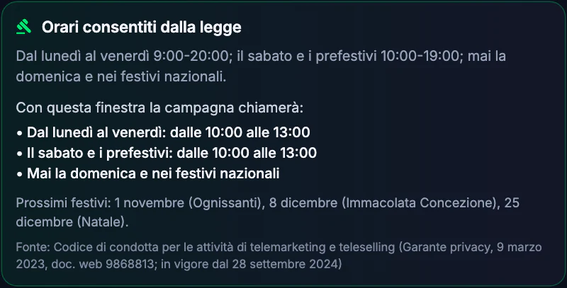 Il riquadro Orari consentiti dalla legge: dal lunedì al venerdì 9:00-20:00, il sabato e i prefestivi 10:00-19:00, mai la domenica e nei festivi nazionali; con questa finestra la campagna chiamerà dalle 10:00 alle 13:00; prossimi festivi 1 novembre, 8 dicembre e 25 dicembre, e la fonte.