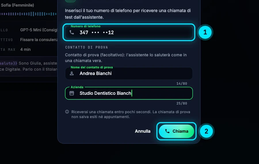 La finestra Test: Giulia · consulenze con il numero di telefono mascherato, il contatto di prova Andrea Bianchi dello Studio Dentistico Bianchi, l'avviso «Riceverai una chiamata entro pochi secondi. La chiamata di prova non salva esiti né appuntamenti» e il pulsante Chiama.