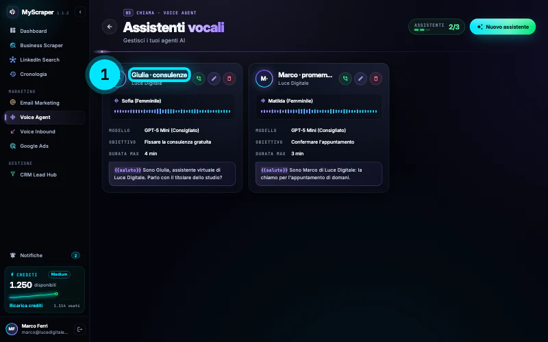 La pagina Assistenti vocali con le schede «Giulia · consulenze» e «Marco · promemoria»; su ogni scheda la cornetta verde Testa, la matita Modifica e il cestino Elimina.