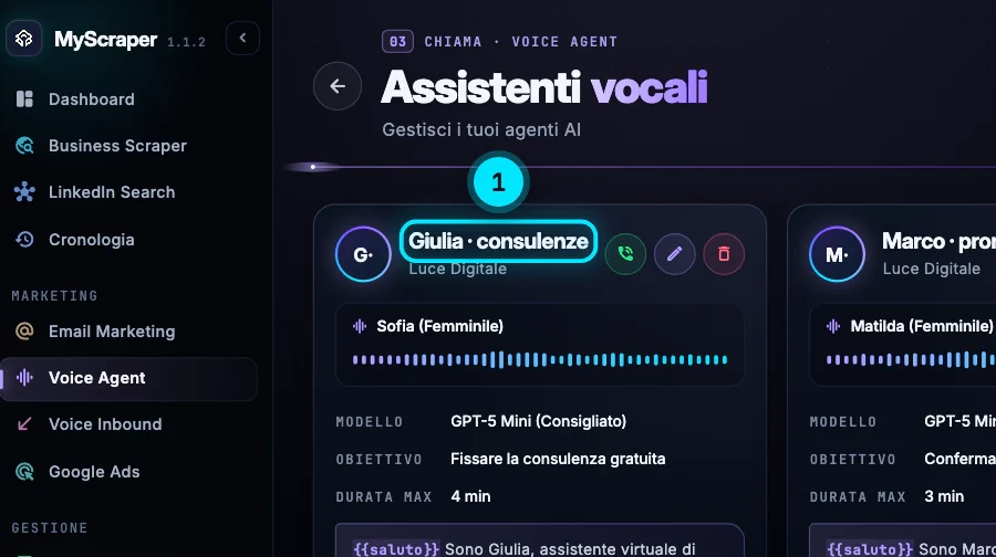 La lista Assistenti vocali dopo il salvataggio, con le schede degli assistenti e i pulsanti Testa, Modifica ed Elimina.