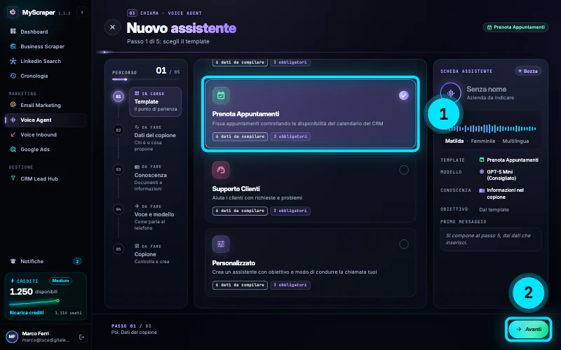 «Passo 1 di 5: scegli il template»: la scheda Prenota Appuntamenti selezionata, con 6 dati da compilare di cui 3 obbligatori; sotto Supporto Clienti e Personalizzato, in basso a destra il pulsante Avanti.
