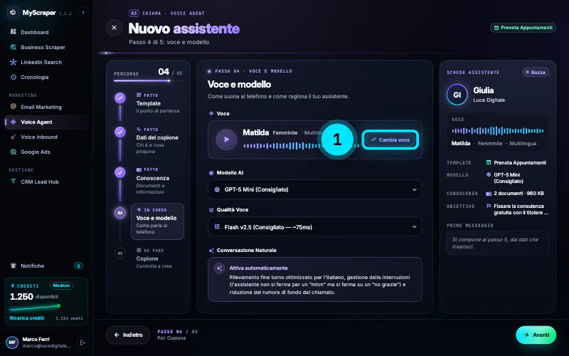 Il passo 4 di 5 Voce e modello, con la Scheda assistente che alla voce Conoscenza riporta 2 documenti per 960 KB.