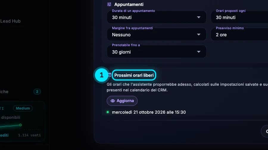 La parte bassa della finestra: Chiuso nei festivi nazionali acceso, Chiusure straordinarie con Aggiungi chiusura, il riquadro Appuntamenti con durata 30 minuti, orari proposti ogni 30 minuti, nessun margine, preavviso minimo 2 ore e prenotabile fino a 30 giorni, e sotto i Prossimi orari liberi.