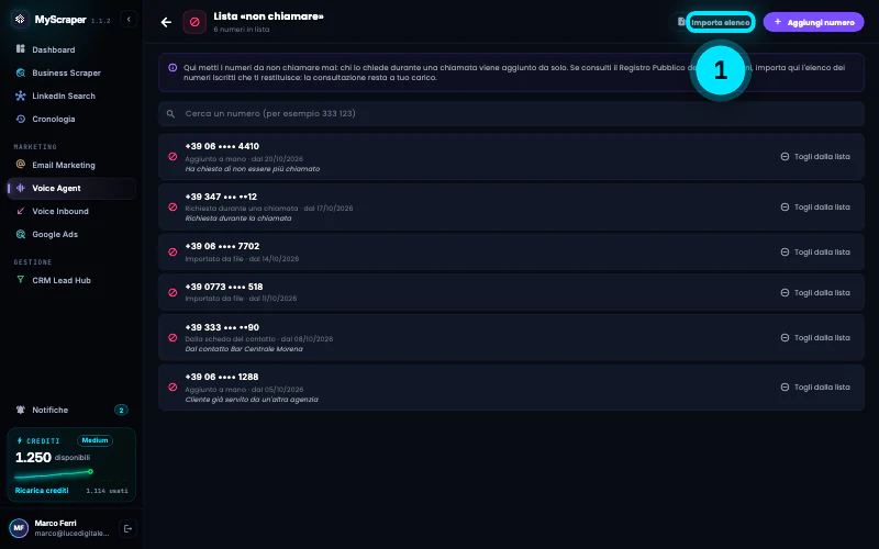 La pagina Lista «non chiamare» con 6 numeri in lista, la nota dell'app sul Registro Pubblico delle Opposizioni, la ricerca e le righe con numero mascherato, origine, data e nota, ognuna con Togli dalla lista; in alto i pulsanti Importa elenco e Aggiungi numero.