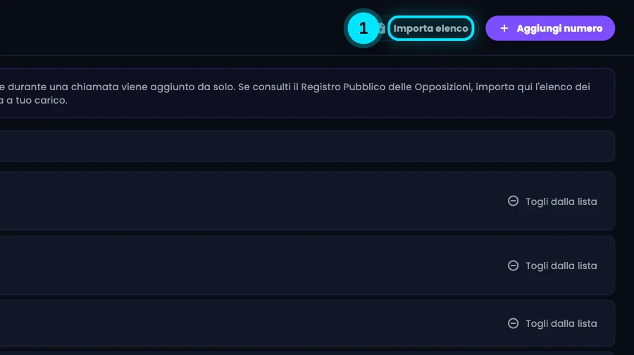 Le righe della lista con il pulsante Togli dalla lista a destra di ogni numero e la ricerca in alto.