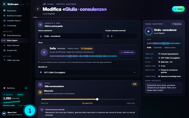 La pagina Modifica «Giulia · consulenze»: nome assistente, durata massima 4 minuti, voce Sofia italiana nativa consigliata con il pulsante Cambia voce, modello AI e sotto lo Stile conversazione Bilanciato a 0,6; in alto a destra il pulsante Salva.
