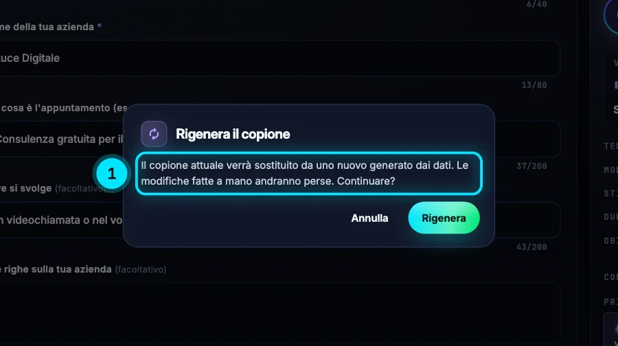 La finestra Rigenera il copione: «Il copione attuale verrà sostituito da uno nuovo generato dai dati. Le modifiche fatte a mano andranno perse. Continuare?», con i pulsanti Annulla e Rigenera; sullo sfondo i dati del template e il pulsante Rigenera il copione dai dati.