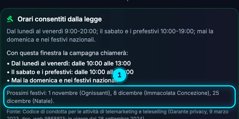 Il riquadro Orari consentiti dalla legge con le tre righe di Con questa finestra la campagna chiamerà e, evidenziati, i prossimi festivi: 1 novembre Ognissanti, 8 dicembre Immacolata Concezione e 25 dicembre Natale.
