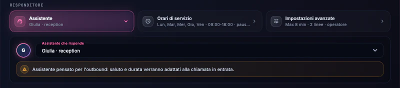 Il riquadro Risponditore con tre schede, Assistente con «Giulia · reception», Orari di servizio e Impostazioni avanzate, e sotto il campo Assistente che risponde con l'avviso giallo «Assistente pensato per l'outbound: saluto e durata verranno adattati alla chiamata in entrata».