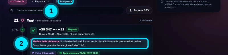L'elenco delle chiamate ricevute con i filtri Tutte, Risposte e Solo perse: una chiamata di oggi alle 07:51 da un numero mascherato, risposta, durata 3 minuti e 42 secondi, 36 crediti, con il motivo della chiamata e l'esito Interessato.