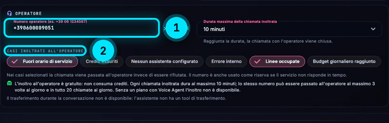 Il riquadro Operatore delle impostazioni avanzate: il Numero operatore compilato, il pulsante Rimuovi, la Durata massima della chiamata inoltrata a 10 minuti, i Casi inoltrati all'operatore con Fuori orario di servizio e Linee occupate selezionati e le note sull'inoltro gratuito.