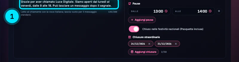 Le Pause con la pausa dalle 13:00 alle 14:00 e il pulsante Aggiungi pausa, l'interruttore Chiuso nelle festività nazionali (Pasquetta inclusa) acceso e le Chiusure straordinarie del 24 e del 31 dicembre 2026 con Aggiungi chiusura e il contatore 2 su 50.