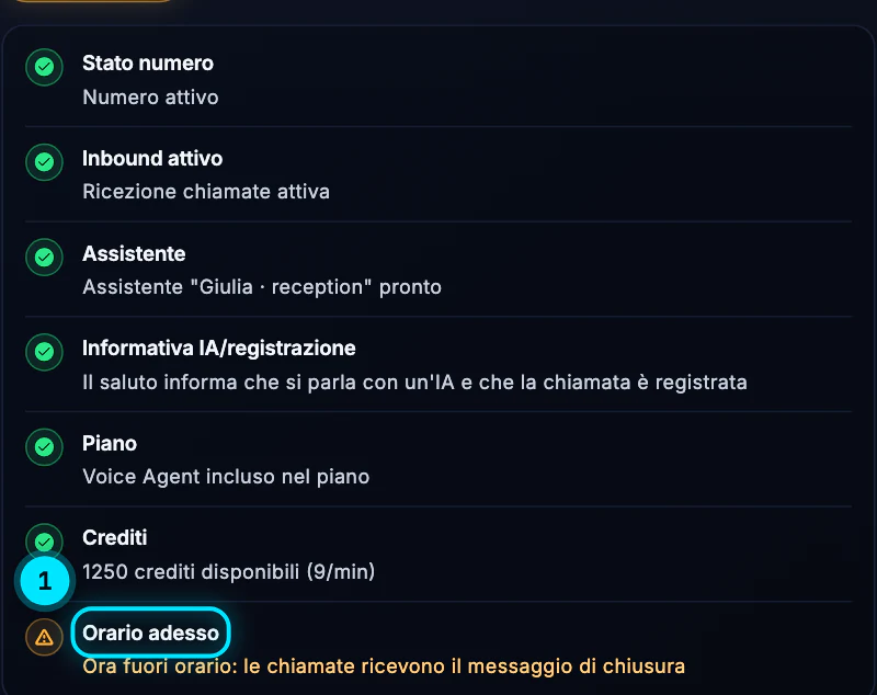 L'elenco dei controlli della verifica: in verde stato del numero, inbound attivo, assistente, informativa IA e registrazione, piano e crediti; in giallo l'orario, perché adesso il numero è fuori orario.