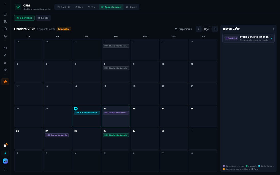 Calendario degli appuntamenti del CRM, mese di ottobre, con l'appuntamento fissato dall'assistente vocale giovedì 22 alle 11:00