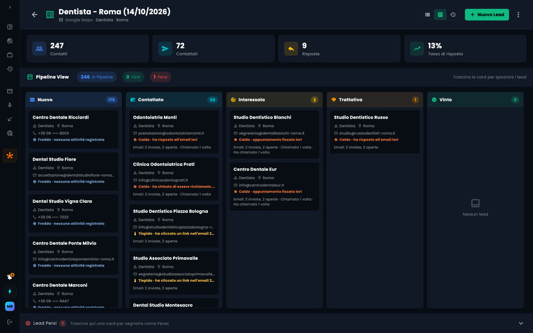 Pipeline del CRM MyScraper a colonne: Nuovo, Contattato, Interessato, Trattativa e Vinto, con il livello Caldo, Tiepido o Freddo e il motivo su ogni lead