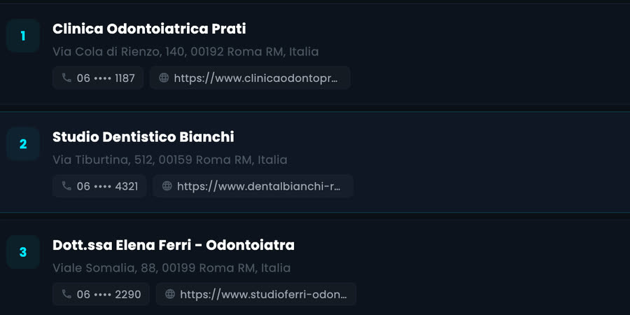 Risultati di Business Scraper nell'app MyScraper: studi dentistici di Roma con indirizzo, telefono e sito web, come Clinica Odontoiatrica Prati e Studio Dentistico Bianchi