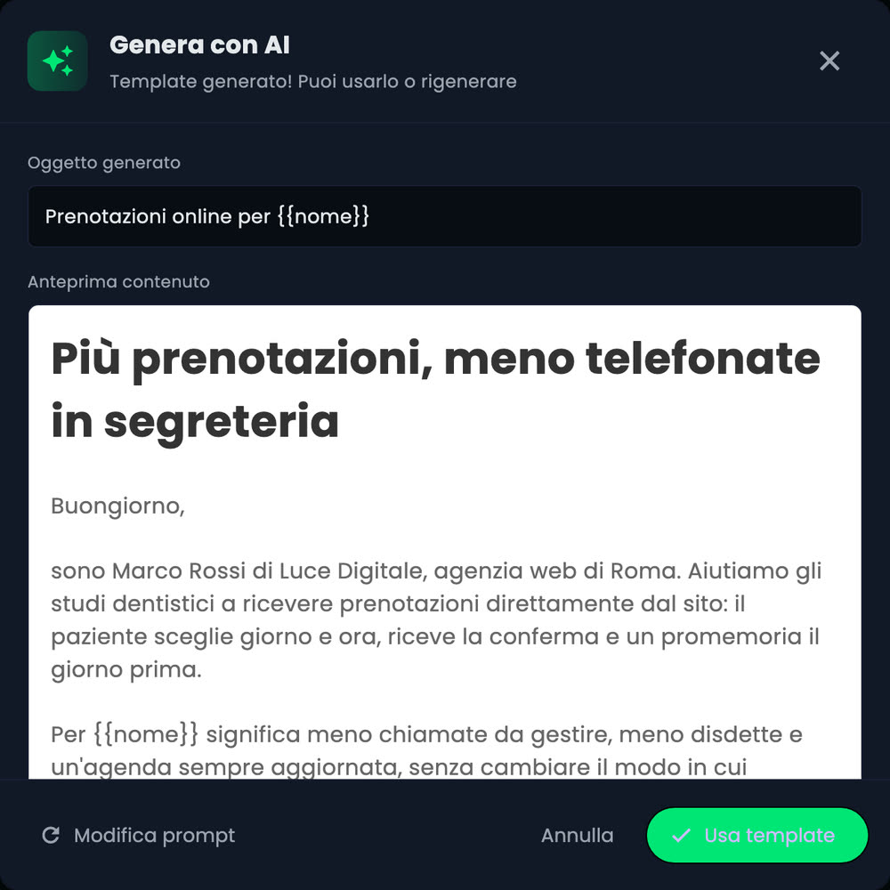 La finestra «Genera con AI» dell'Email Builder: oggetto generato «Prenotazioni online per {{nome}}» e anteprima del contenuto con il titolo «Più prenotazioni, meno telefonate in segreteria»