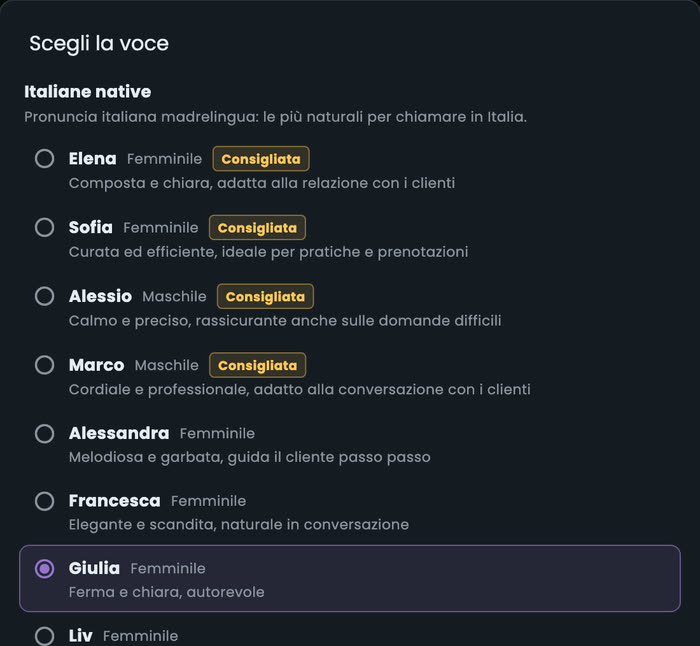 La finestra Scegli la voce con le voci italiane native: Elena, Sofia, Alessio, Marco, Alessandra, Francesca, Giulia e altre