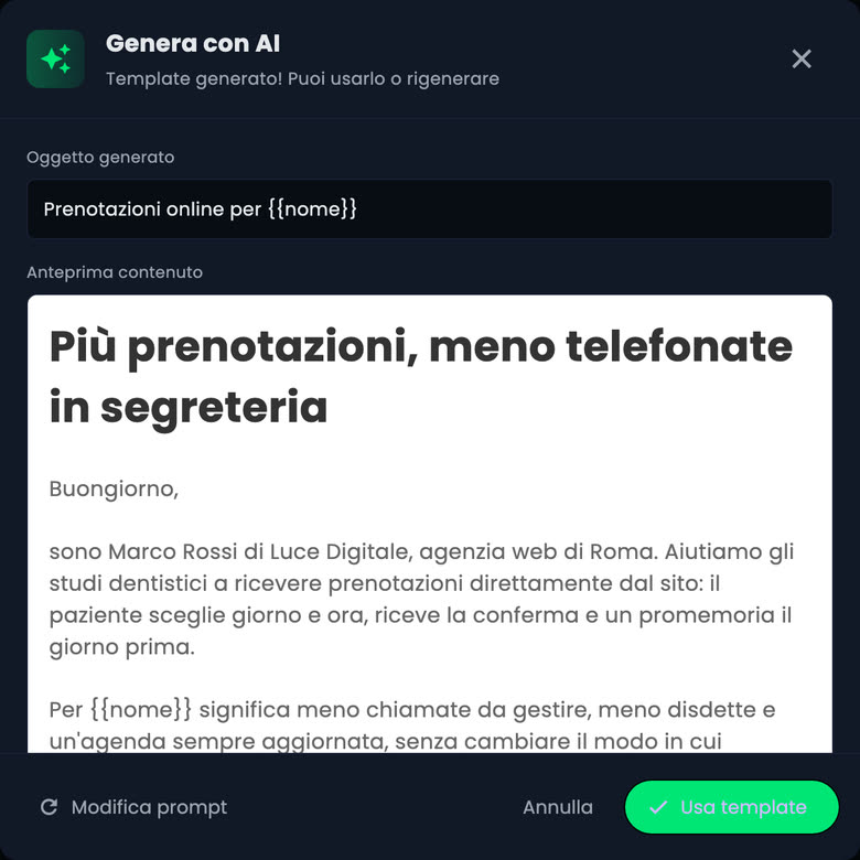 La finestra Genera con AI: oggetto Prenotazioni online per {{nome}} e l'anteprima dell'email della campagna