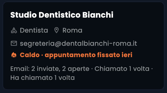 Scheda dello Studio Dentistico Bianchi nella colonna Interessato: Caldo, appuntamento fissato ieri