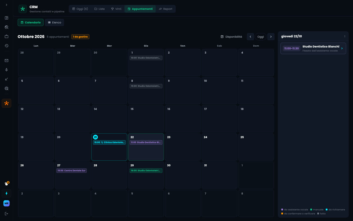 Il calendario del CRM di MyScraper a ottobre: giovedì 22 alle 11:00 l'appuntamento con lo Studio Dentistico Bianchi, fissato dall'assistente vocale