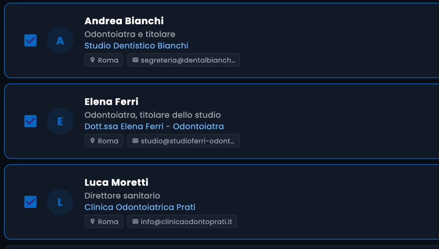 Ricerca profili LinkedIn nell'app MyScraper: tre titolari di studi dentistici di Roma selezionati per l'importazione nel CRM