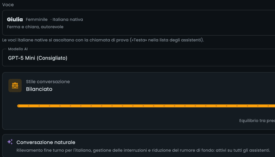 Editor dell'assistente vocale nell'app MyScraper: voce Giulia italiana nativa, modello GPT-5 Mini consigliato, stile della conversazione bilanciato e conversazione naturale attiva