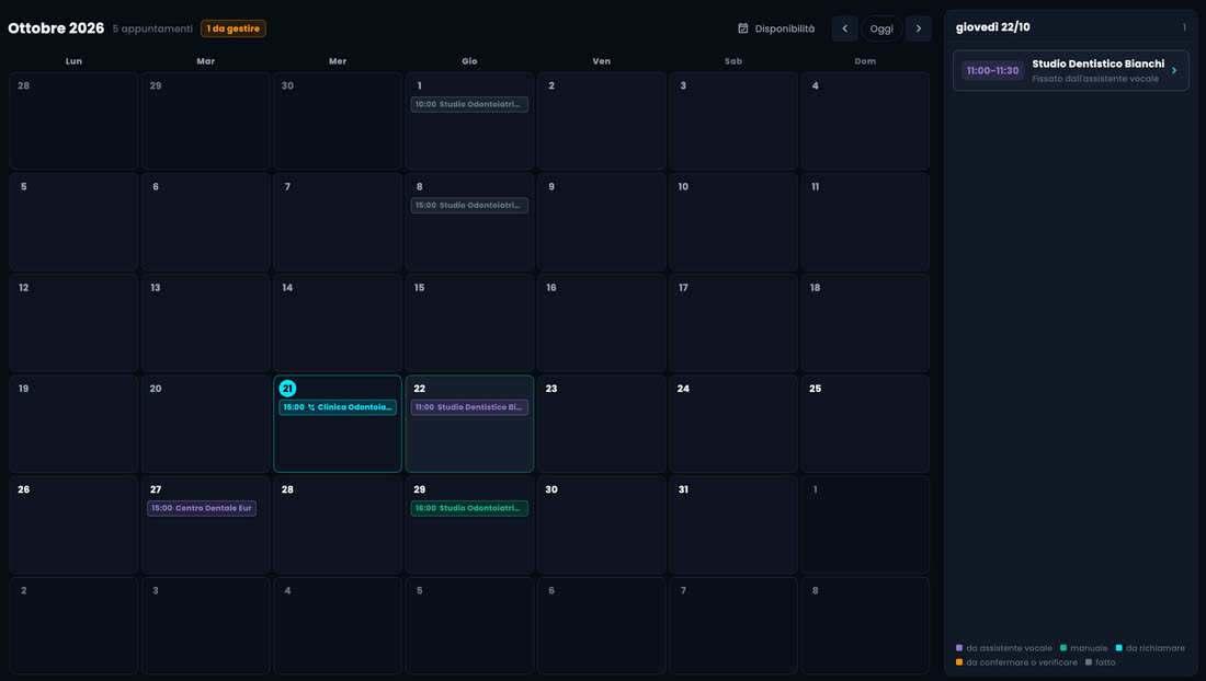 Calendario del CRM di ottobre 2026: giovedì 22 alle 11:00 l'appuntamento con lo Studio Dentistico Bianchi fissato dall'assistente vocale, mercoledì 21 una richiamata