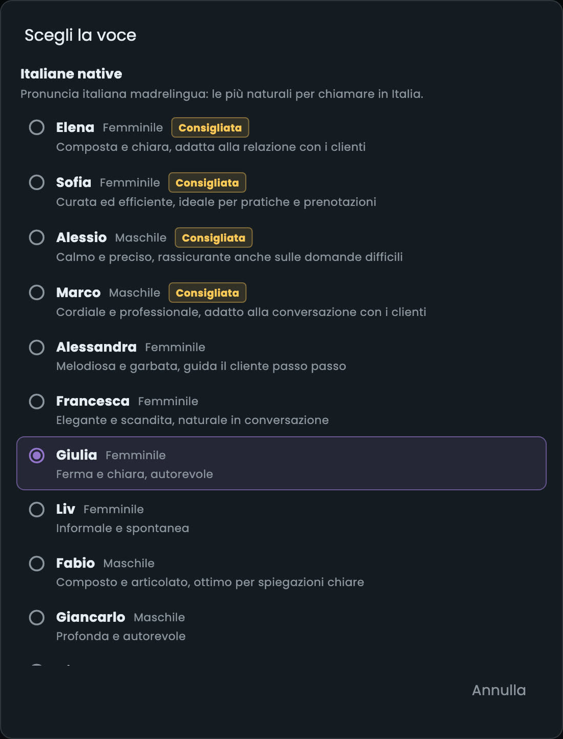 Finestra Scegli la voce nell'app: gruppo Italiane native con Elena, Sofia, Alessio e Marco consigliate e la voce Giulia selezionata