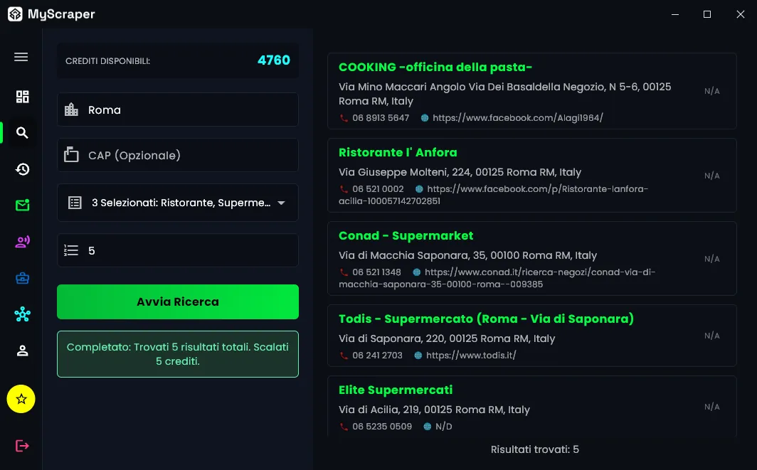 MyScraper Business Scraper — dashboard ricerca Google Maps